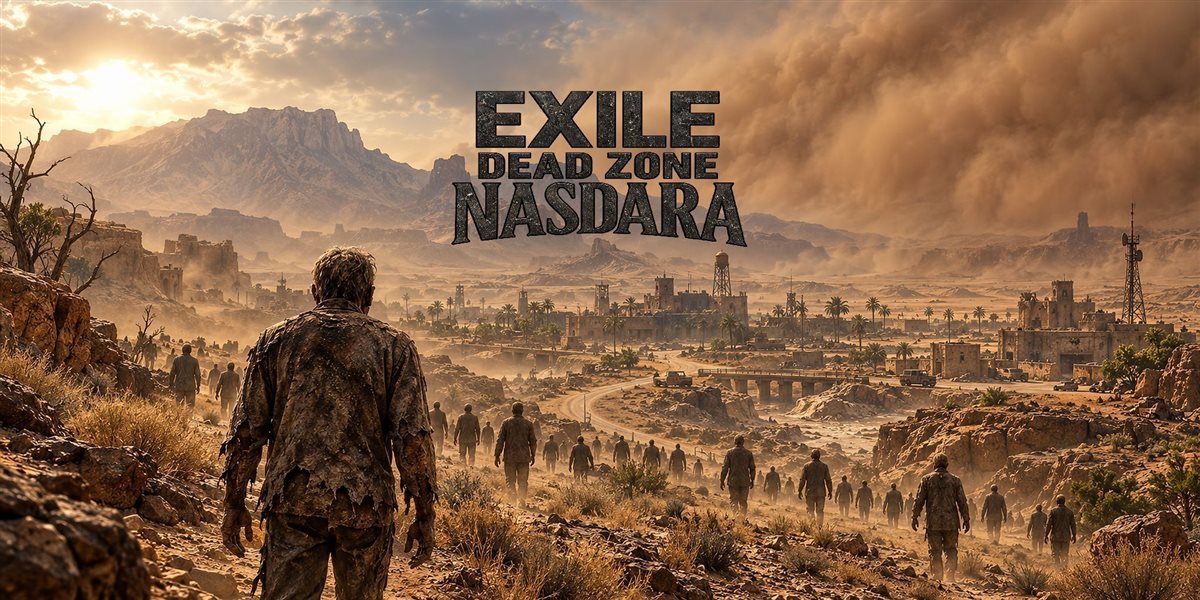 Exile: Dead Zone Nasdara artwork: a survivor looks over a desert town as a sandstorm rolls in