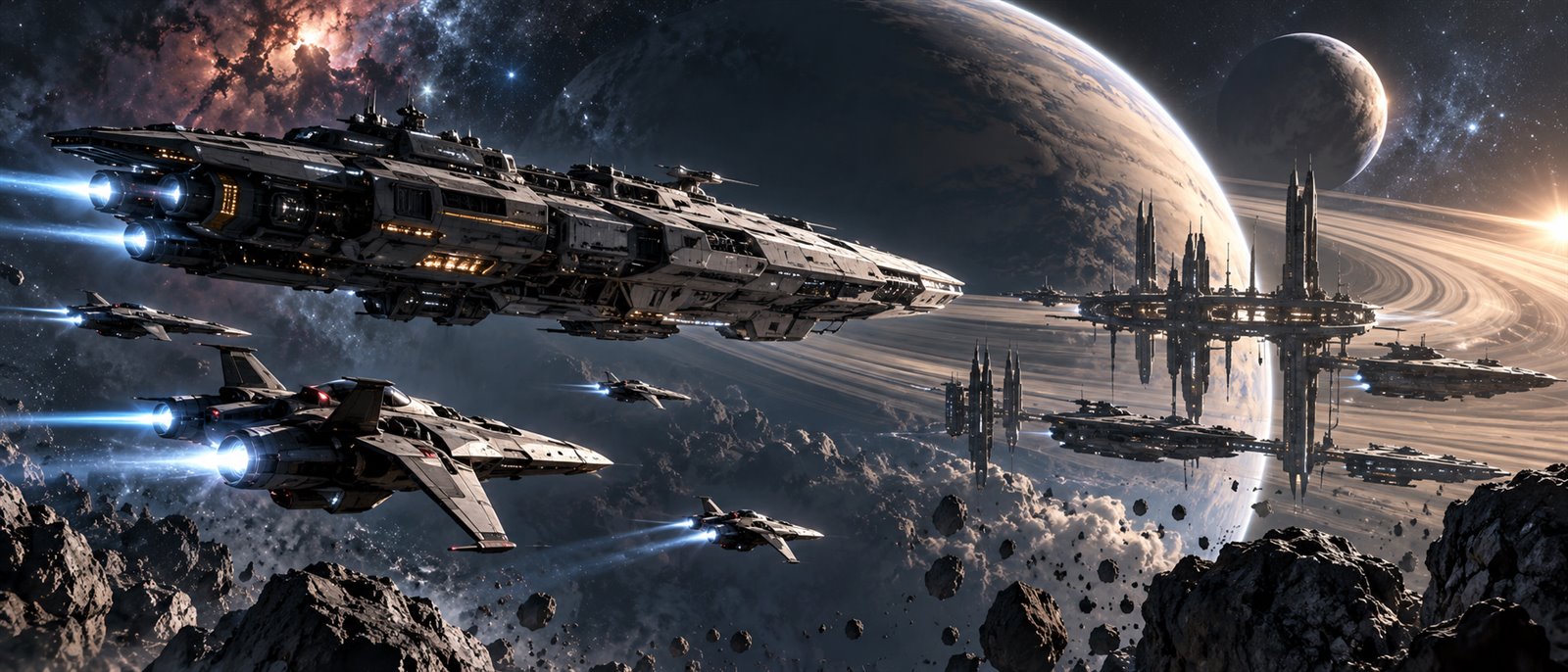 A capital ship and escort fighters crossing an asteroid field towards an orbital city under a ringed planet
