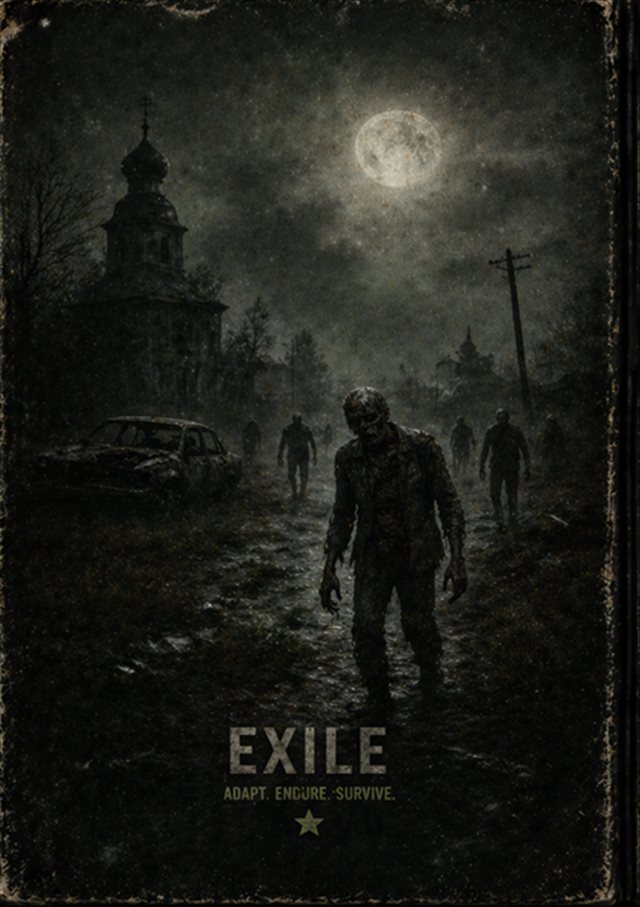 Infected shamble down a village road under a full moon, a church behind them