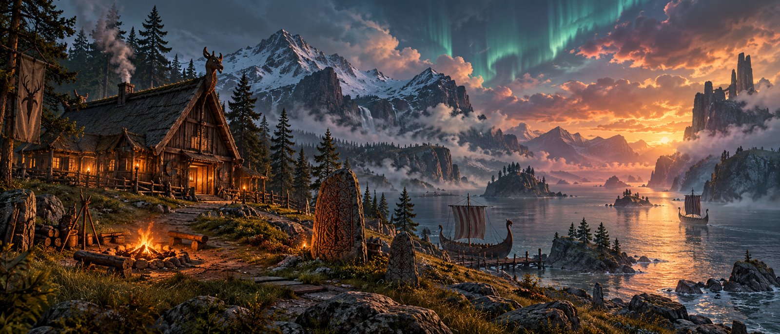 A Viking longhouse on a headland at sunset: a campfire, a carved runestone, a longship moored at the jetty, snow mountains and the aurora over the fjord